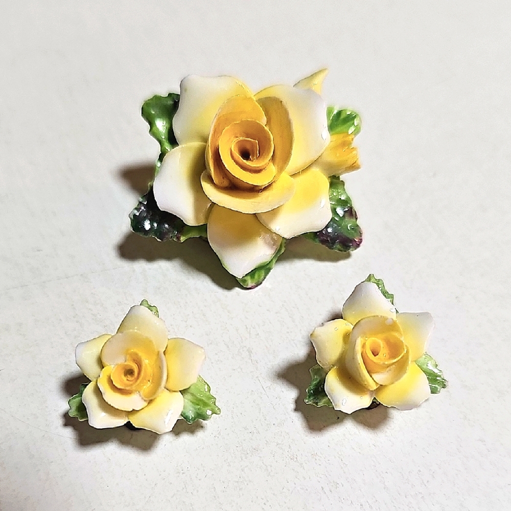 Vintage Staffordshire England Yellow Porcelain Rose Brooch & Earrings Set